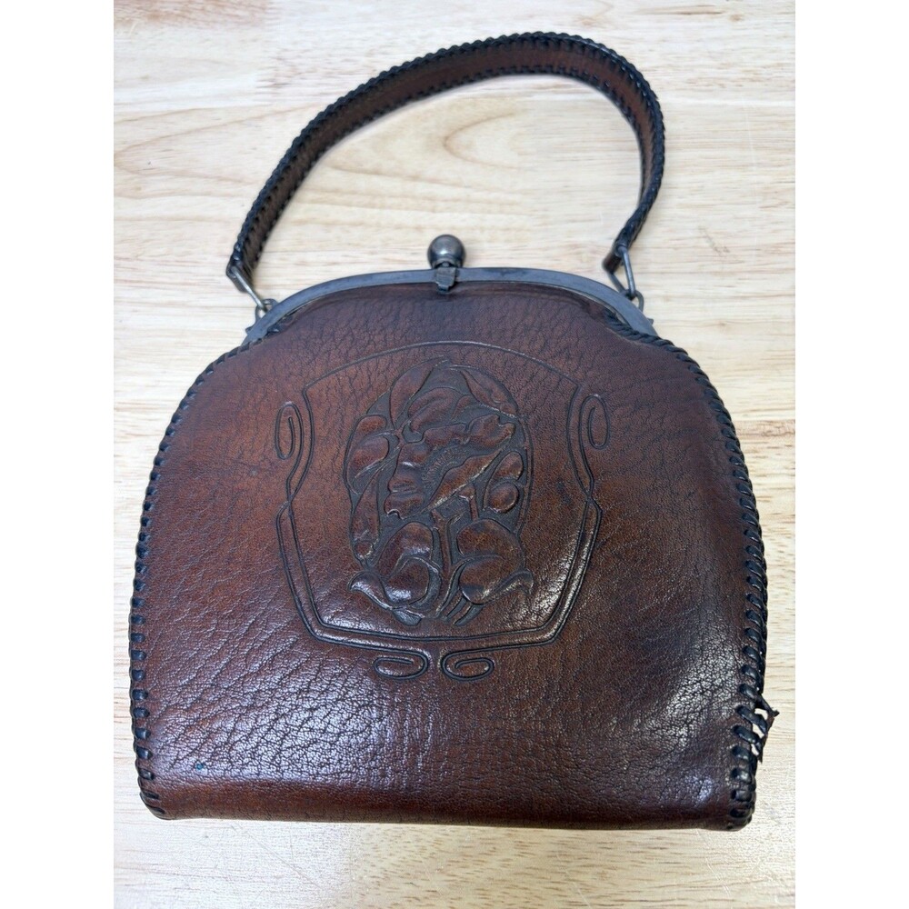 Antique Tooled Leather Purse Handbag 1900's Brown Art Nouveau Vintage